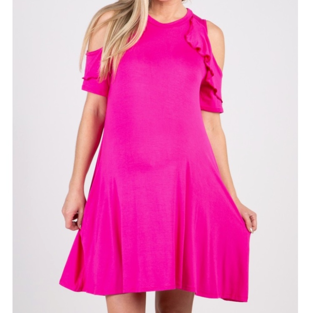 Fuchsia Ruffle Cold Shoulder dress